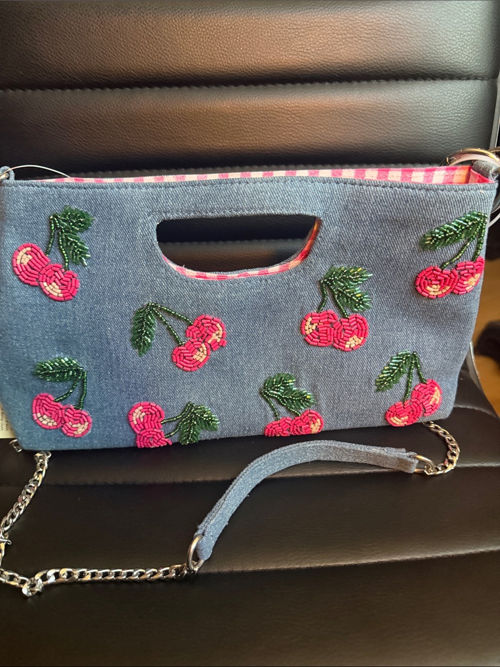 Denim Cherry Beaded Clutch Wristlet - Pink/Green
